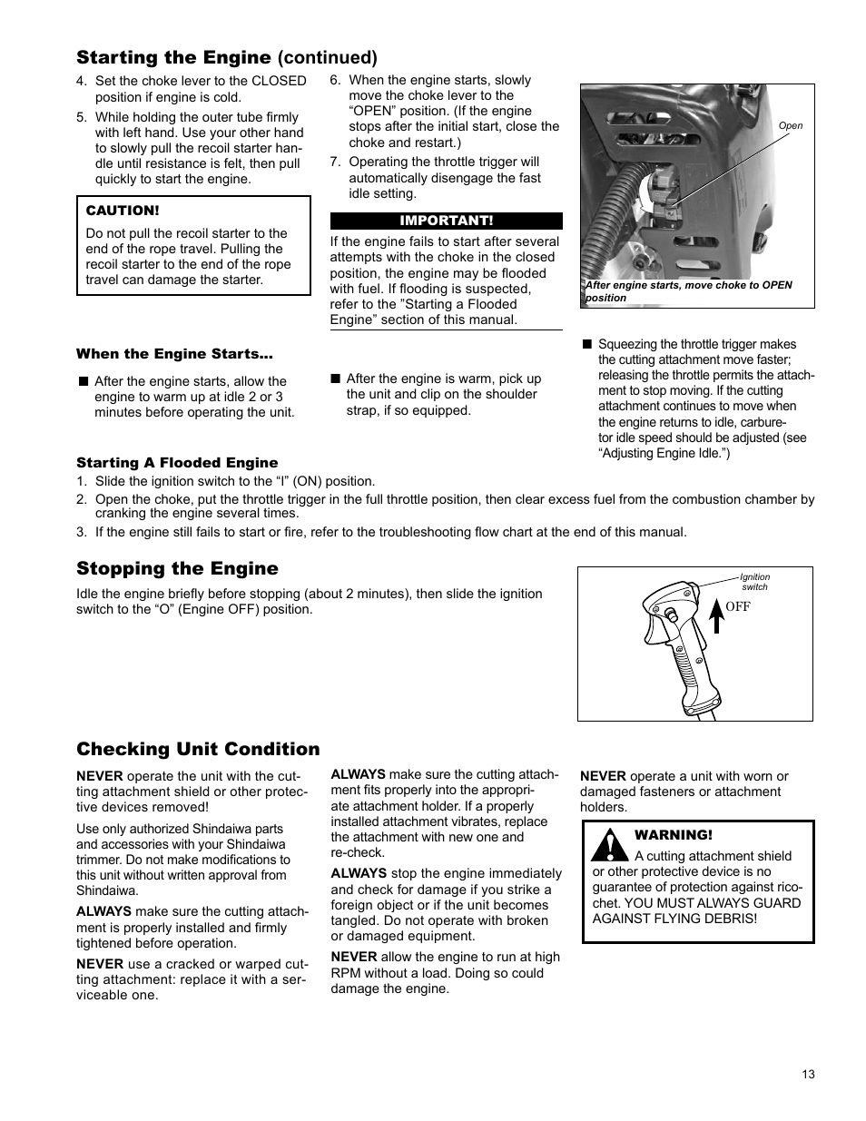 Starting the engine (continued), Stopping the engine, Checking unit condition | Stopping the engine adjusting engine idle | Shindaiwa C344 User Manual | Page 13 / 32