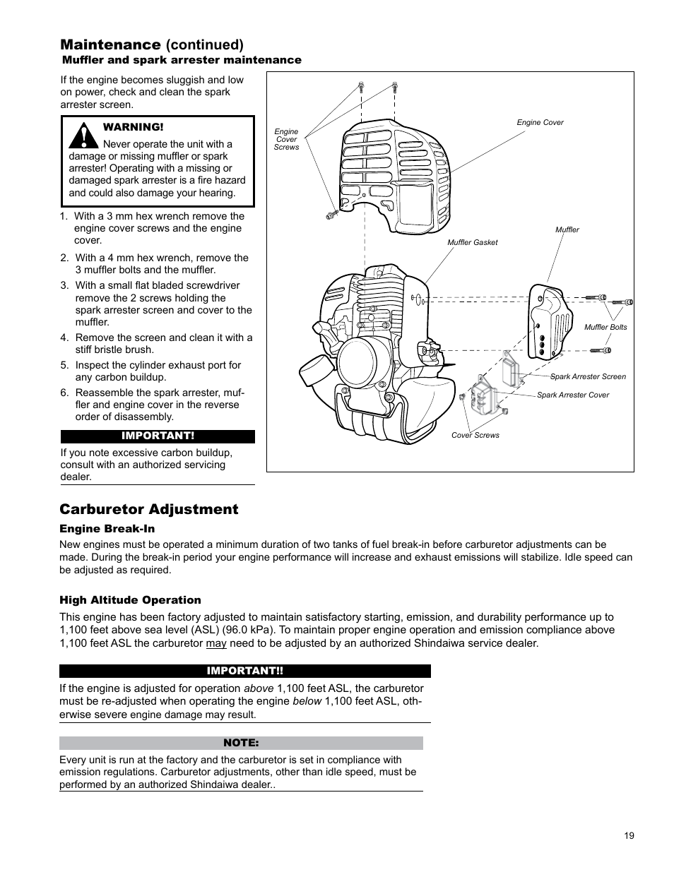 Maintenance (continued), Carburetor adjustment | Shindaiwa C344 User Manual | Page 19 / 32