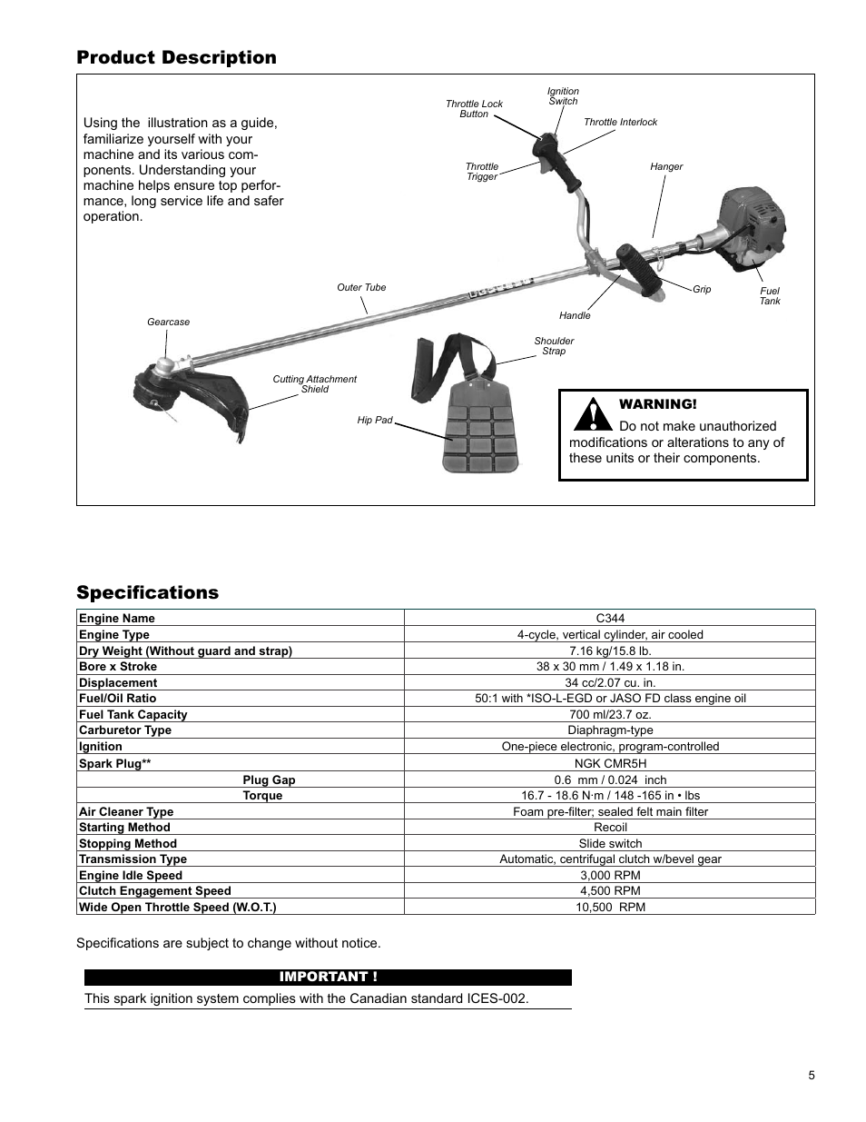 Product description, Specifications | Shindaiwa C344 User Manual | Page 5 / 32