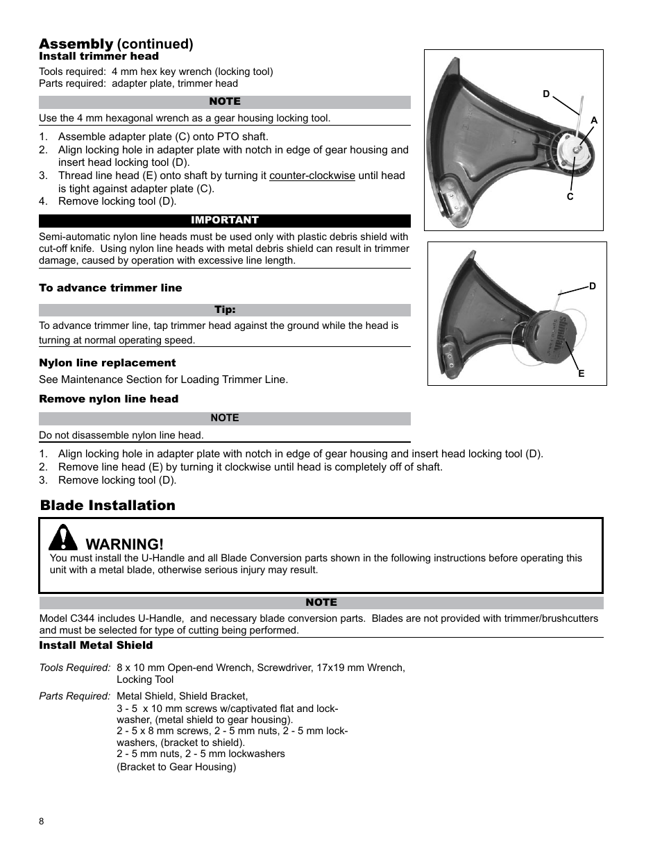 Warning, Blade installation, Assembly | Continued) | Shindaiwa C344 User Manual | Page 8 / 32