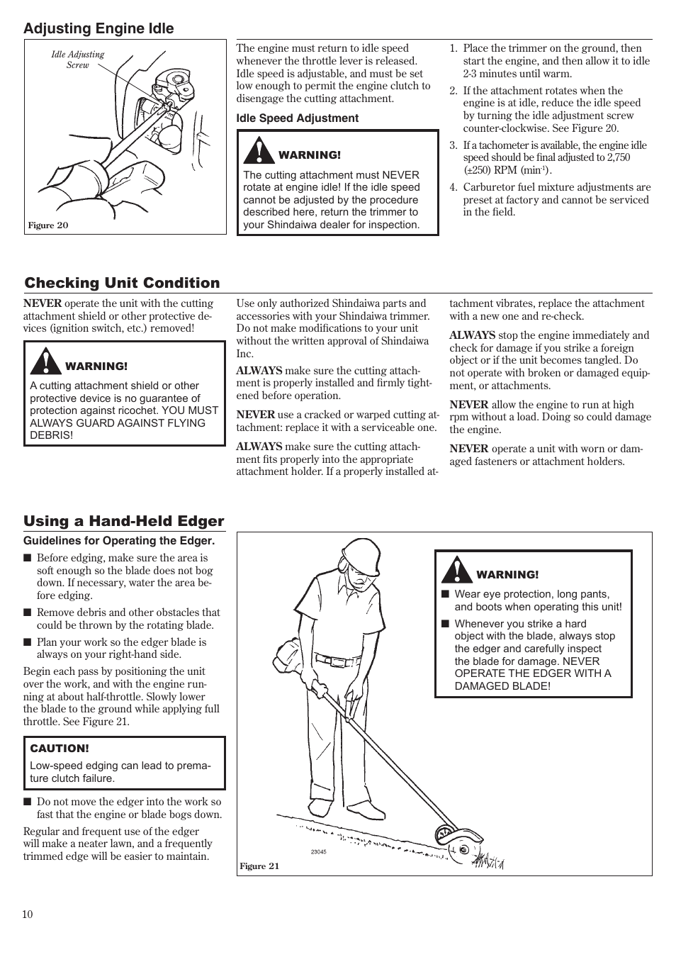 Adjusting engine idle, Checking unit condition, Using a hand-held edger | Shindaiwa LE231 User Manual | Page 10 / 20