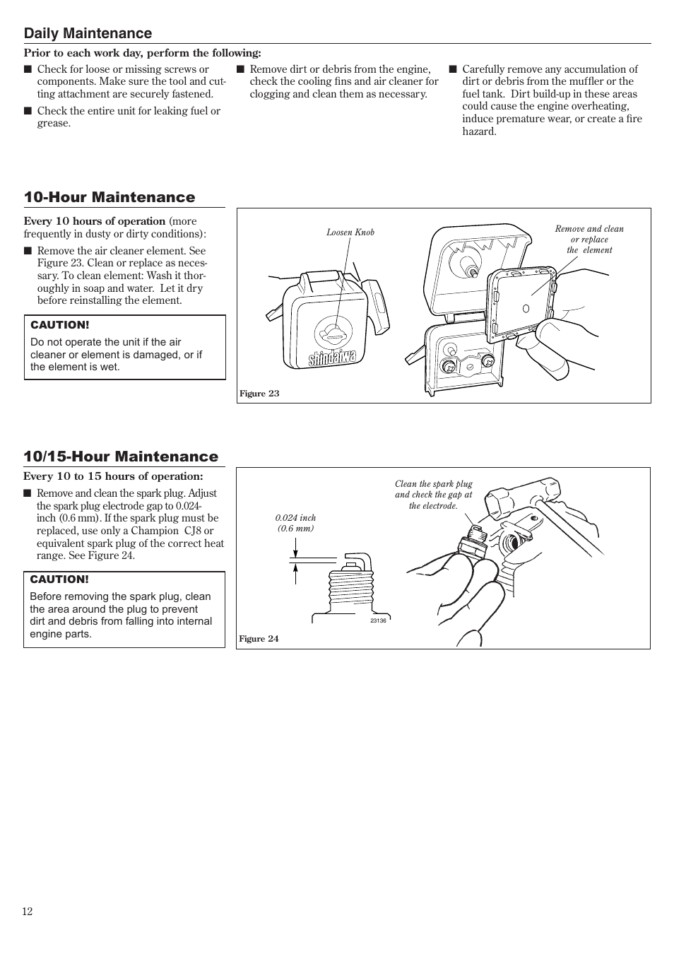 Daily maintenance, Hour maintenance, 10/15-hour maintenance | Shindaiwa LE231 User Manual | Page 12 / 20