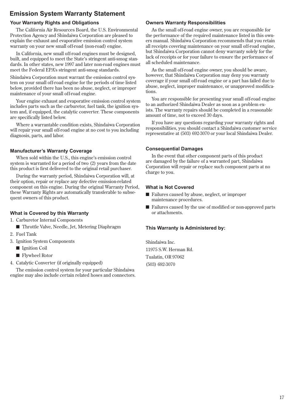 Emission system warranty statement | Shindaiwa LE231 User Manual | Page 17 / 20