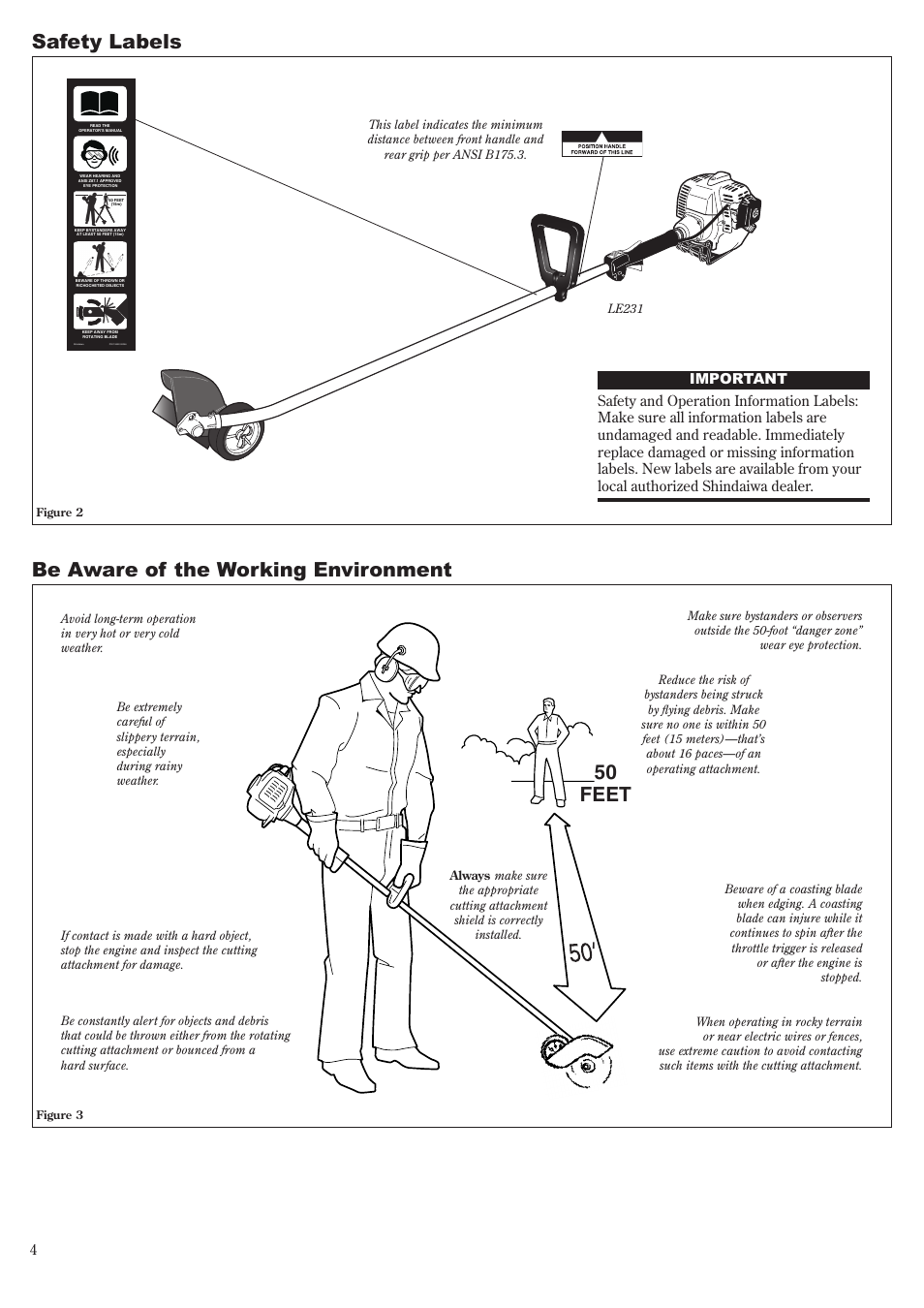 Safety labels, Be aware of the working environment, 50 feet | Shindaiwa LE231 User Manual | Page 4 / 20