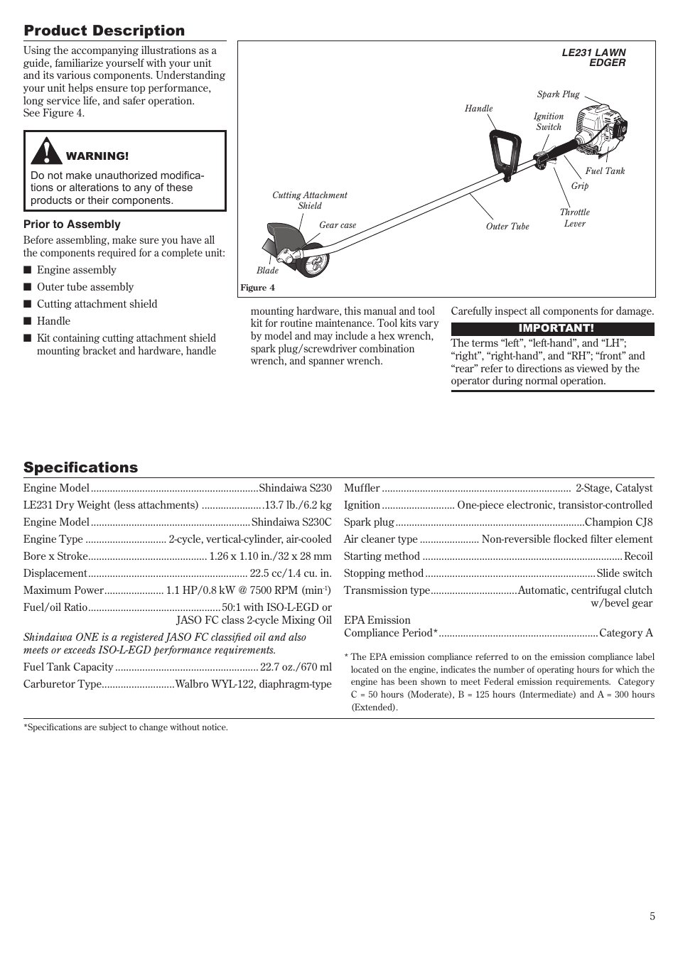 Product description, Specifications | Shindaiwa LE231 User Manual | Page 5 / 20