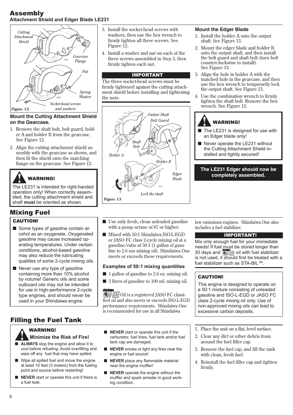 Assembly, Mixing fuel, Filling the fuel tank | Shindaiwa LE231 User Manual | Page 8 / 20