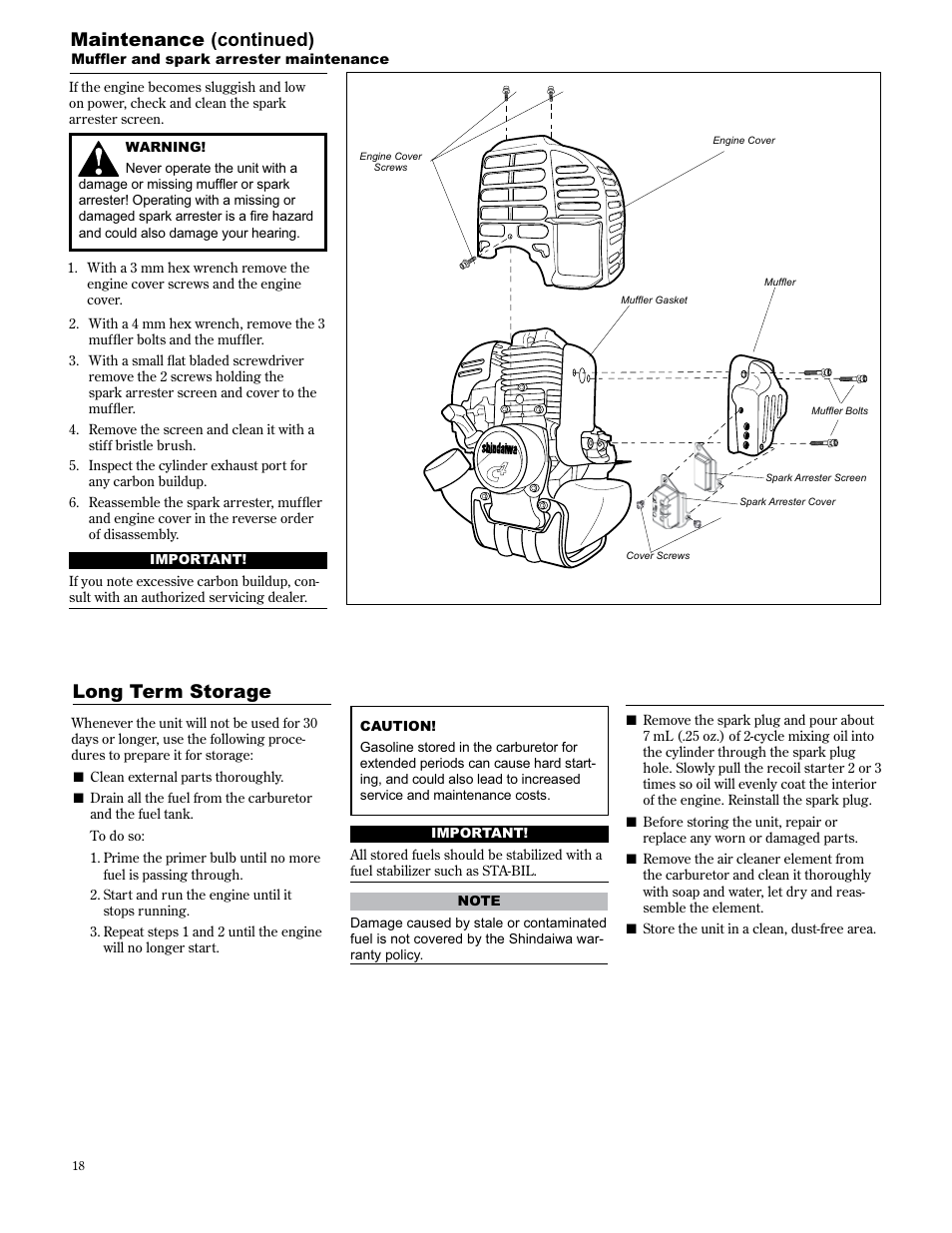 Long term storage, Maintenance (continued) | Shindaiwa 89301 User Manual | Page 18 / 72