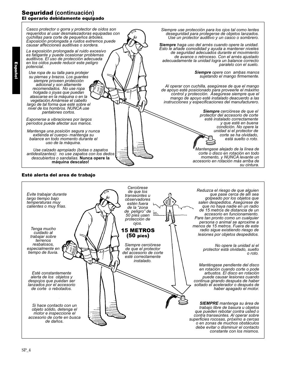 Seguridad (continuación), 15 metros (50 | Shindaiwa 89301 User Manual | Page 28 / 72