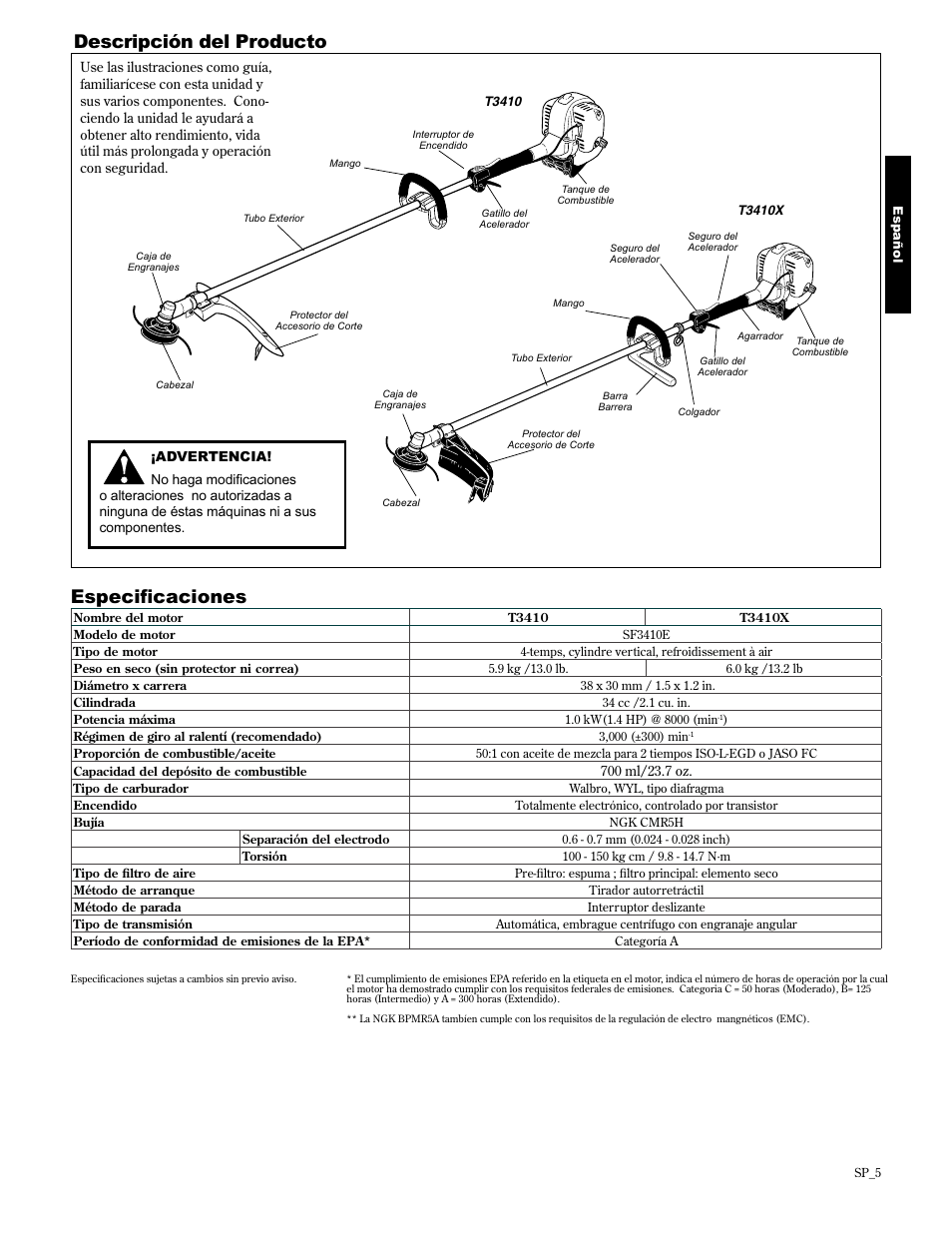 Descripción del producto, Vshflàfdflrqhv | Shindaiwa 89301 User Manual | Page 29 / 72