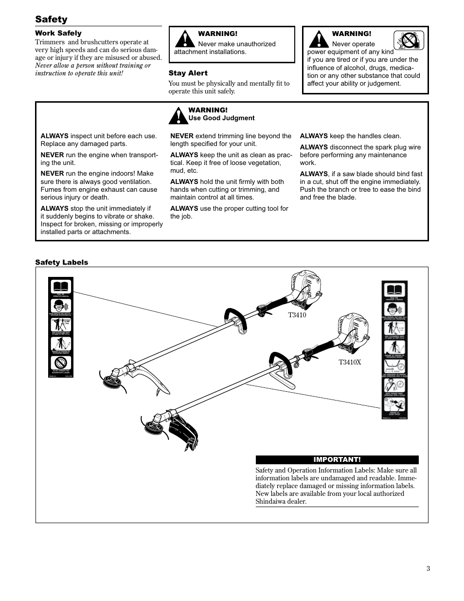 Safety, Work safely, Stay alert | Safety labels | Shindaiwa 89301 User Manual | Page 3 / 72