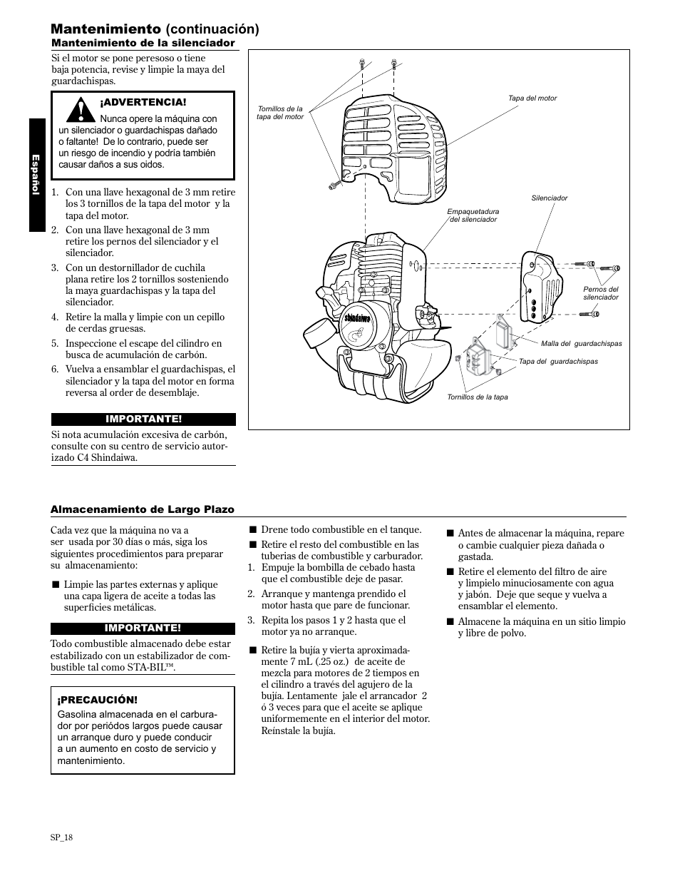 Mantenimiento (continuación) | Shindaiwa 89301 User Manual | Page 42 / 72