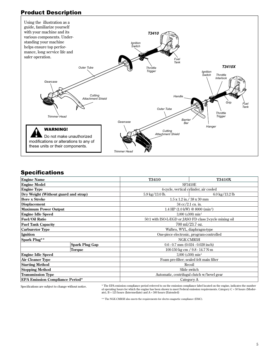 Product description, 6shflàfdwlrqv | Shindaiwa 89301 User Manual | Page 5 / 72