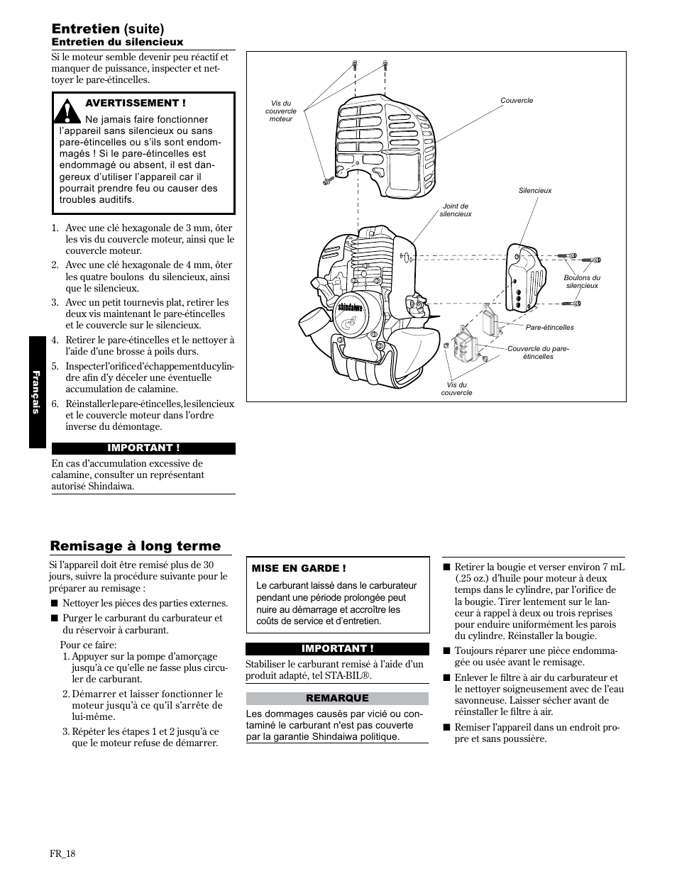 Remisage à long terme, Entretien (suite) | Shindaiwa 89301 User Manual | Page 66 / 72