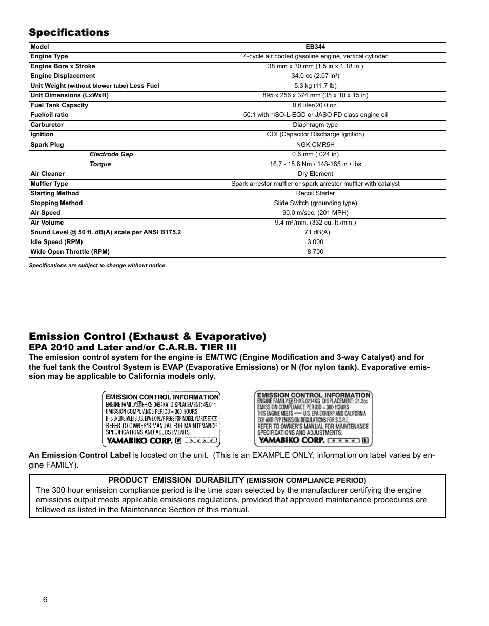 Emission control (exhaust & evaporative), Specifications, Epa 2010 and later and/or c.a.r.b. tier iii | Shindaiwa X7501930300 User Manual | Page 6 / 28