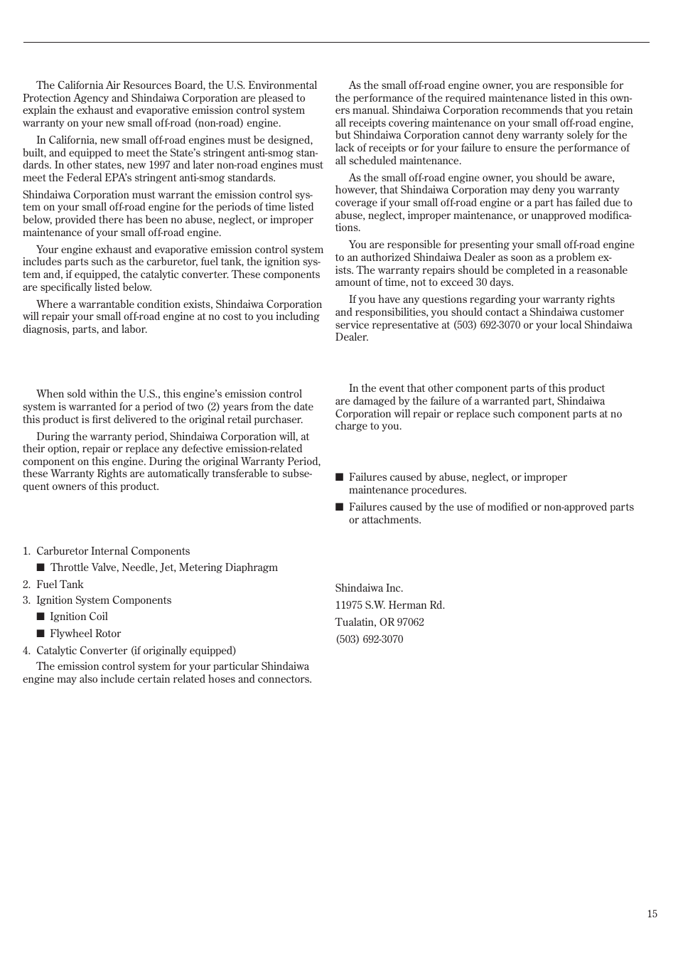 Emission system warranty statement | Shindaiwa HT2510/EVC User Manual | Page 15 / 48
