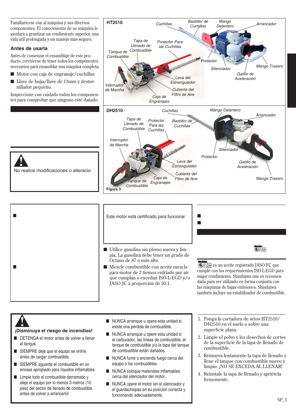 Descripción de la unidad, Combustible, Llenado del tanque de combustible | Shindaiwa HT2510/EVC User Manual | Page 21 / 48