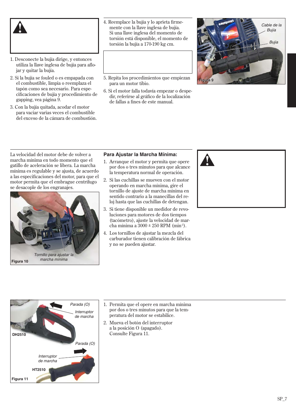 Ajuste de la marcha mínima, Arranque de un motor ahogado, Parada normal del motor | Shindaiwa HT2510/EVC User Manual | Page 23 / 48