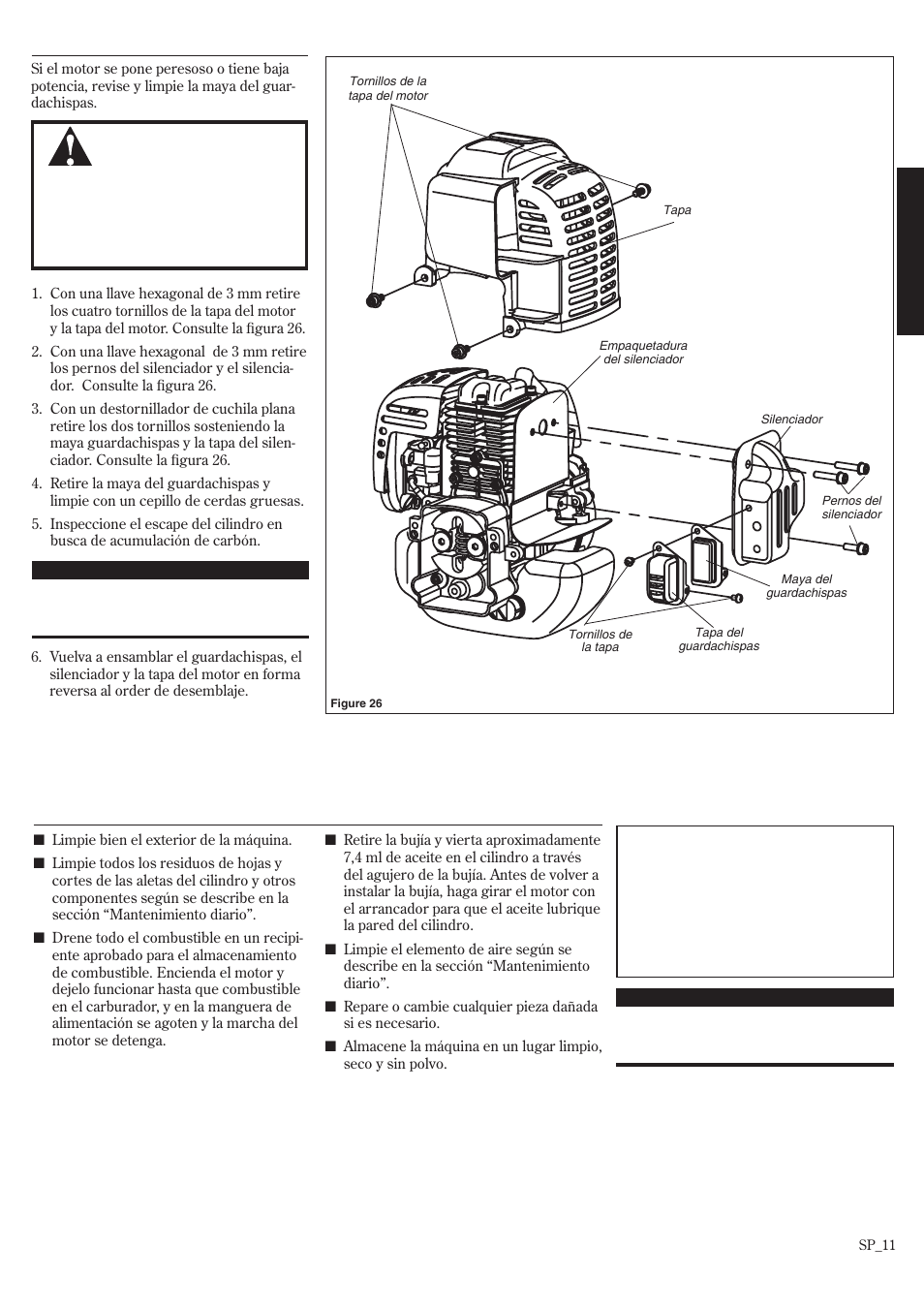 Almacenamiento, Mantenimiento de la maya guardachispas | Shindaiwa HT2510/EVC User Manual | Page 27 / 48