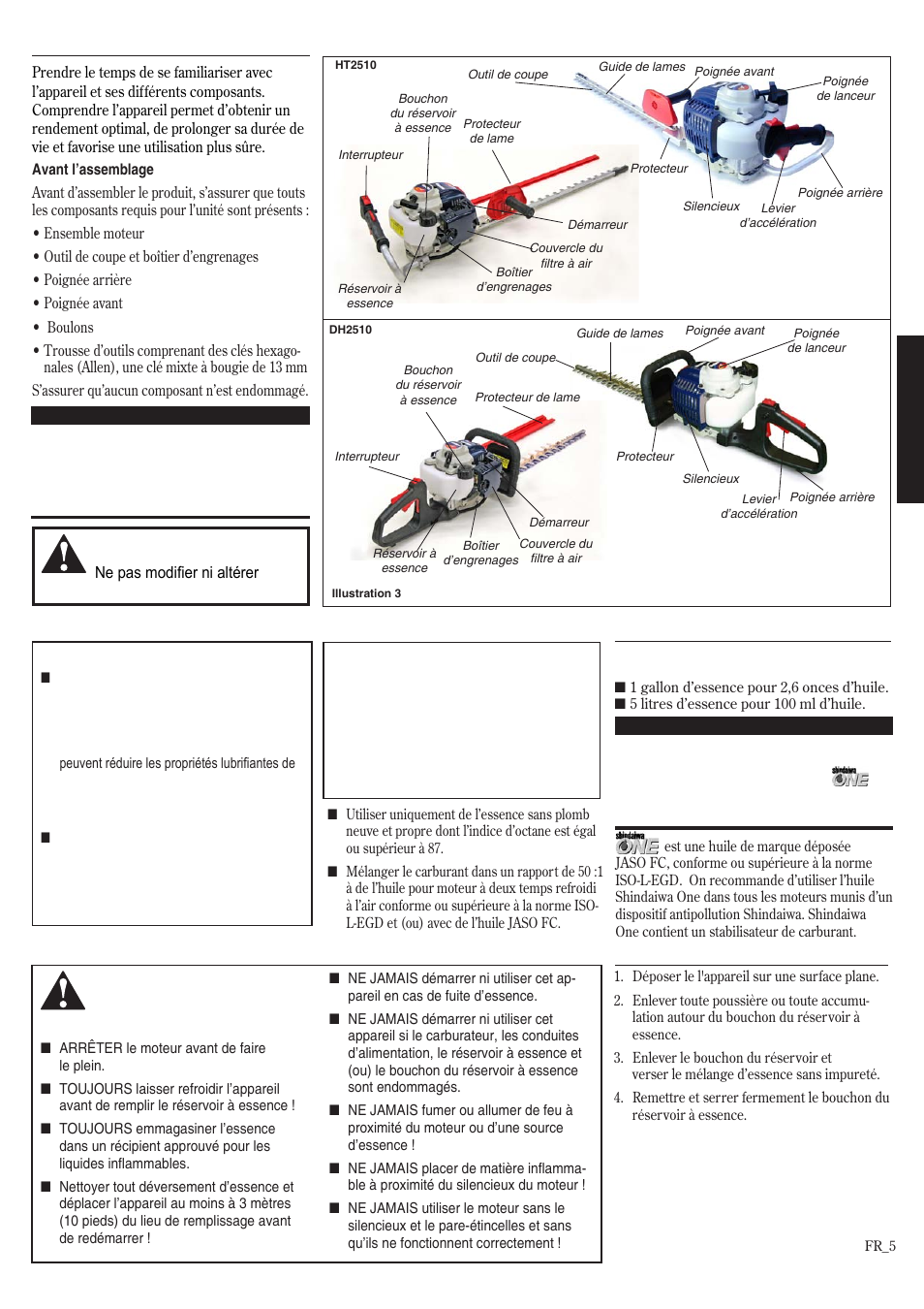 Description d’unité, Mélange d’essence, Remplissage du réservoir à essence | Shindaiwa HT2510/EVC User Manual | Page 37 / 48