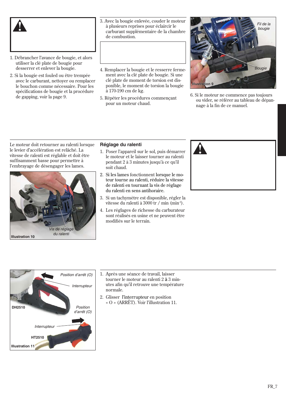 Réglage du ralenti du moteur arrêt du moteur, Démarrage d’un moteur noyé | Shindaiwa HT2510/EVC User Manual | Page 39 / 48