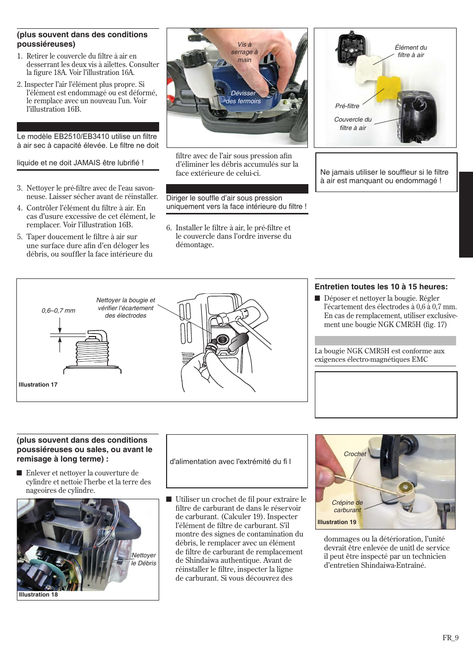 Entretien aux 10 à 15 heures, Entretien aux 50 heures, Entretien toutes les 10 heures | Shindaiwa HT2510/EVC User Manual | Page 41 / 48