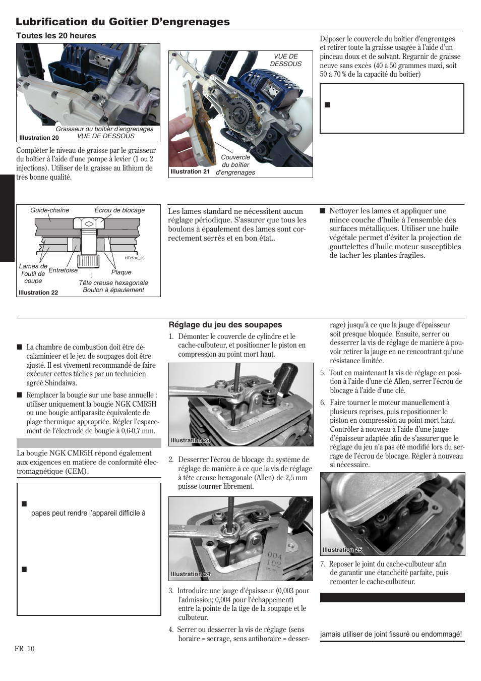 Lubrification du goîtier d’engrenages, Entretien annuel ou aux 139 heures, Lames | Shindaiwa HT2510/EVC User Manual | Page 42 / 48