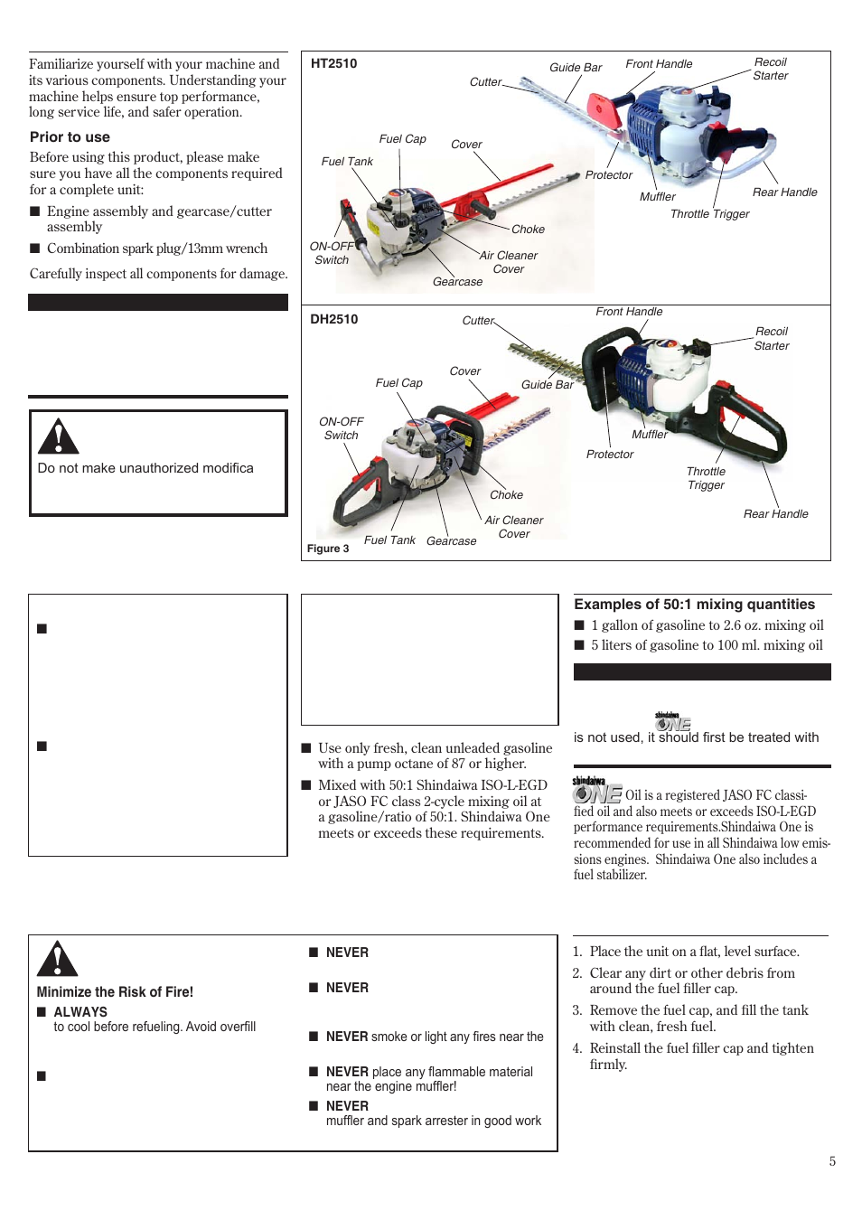 Mixing fuel, Filling the fuel tank, Unit description | Shindaiwa HT2510/EVC User Manual | Page 5 / 48