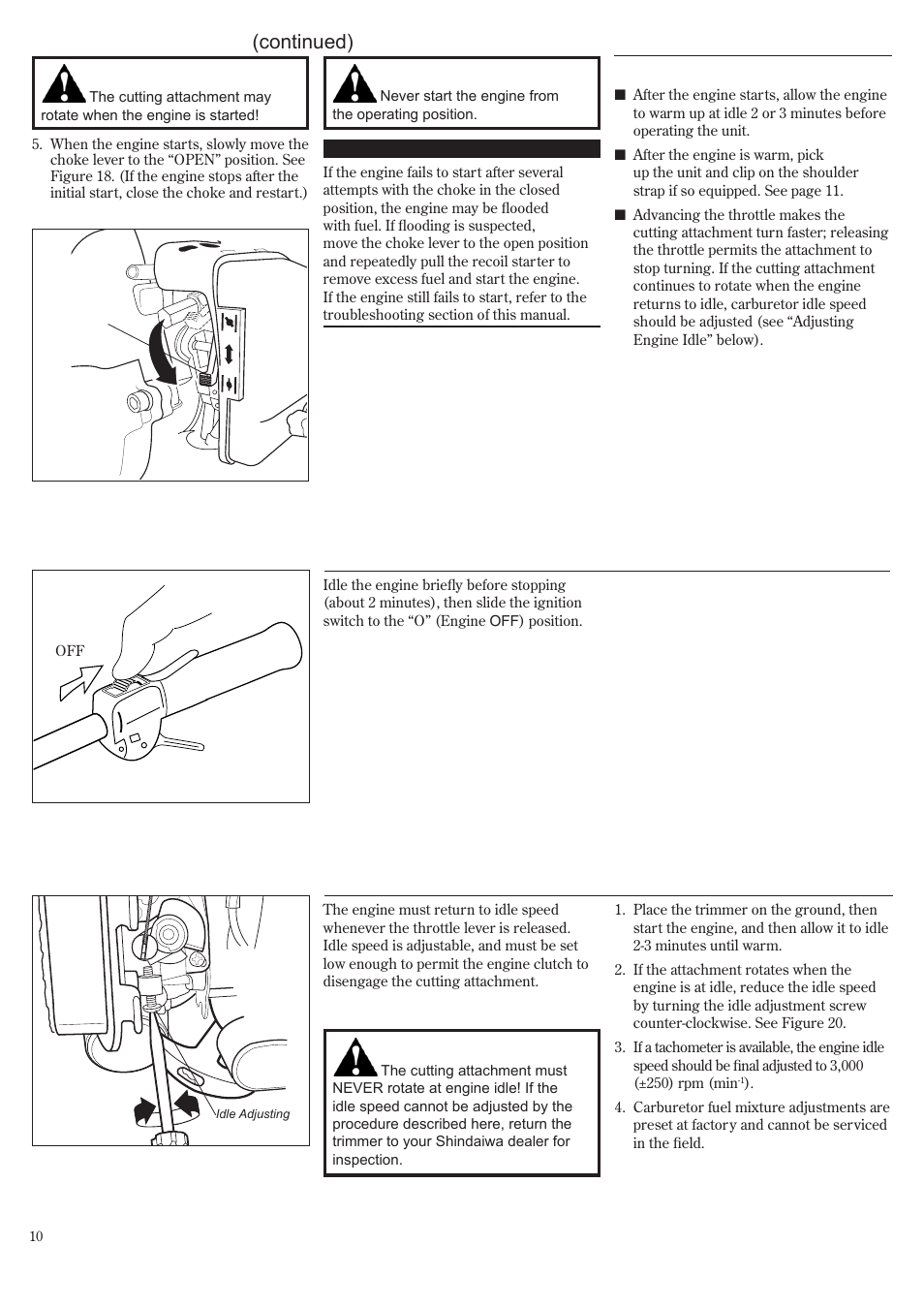 Starting the engine (continued), Stopping the engine adjusting engine idle | Shindaiwa T242/EVC User Manual | Page 10 / 60