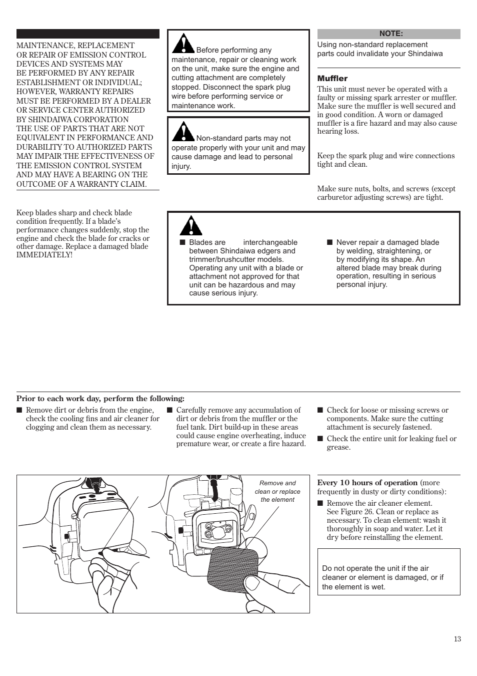 General maintenance, Daily maintenance, Hour maintenance | Shindaiwa T242/EVC User Manual | Page 13 / 60