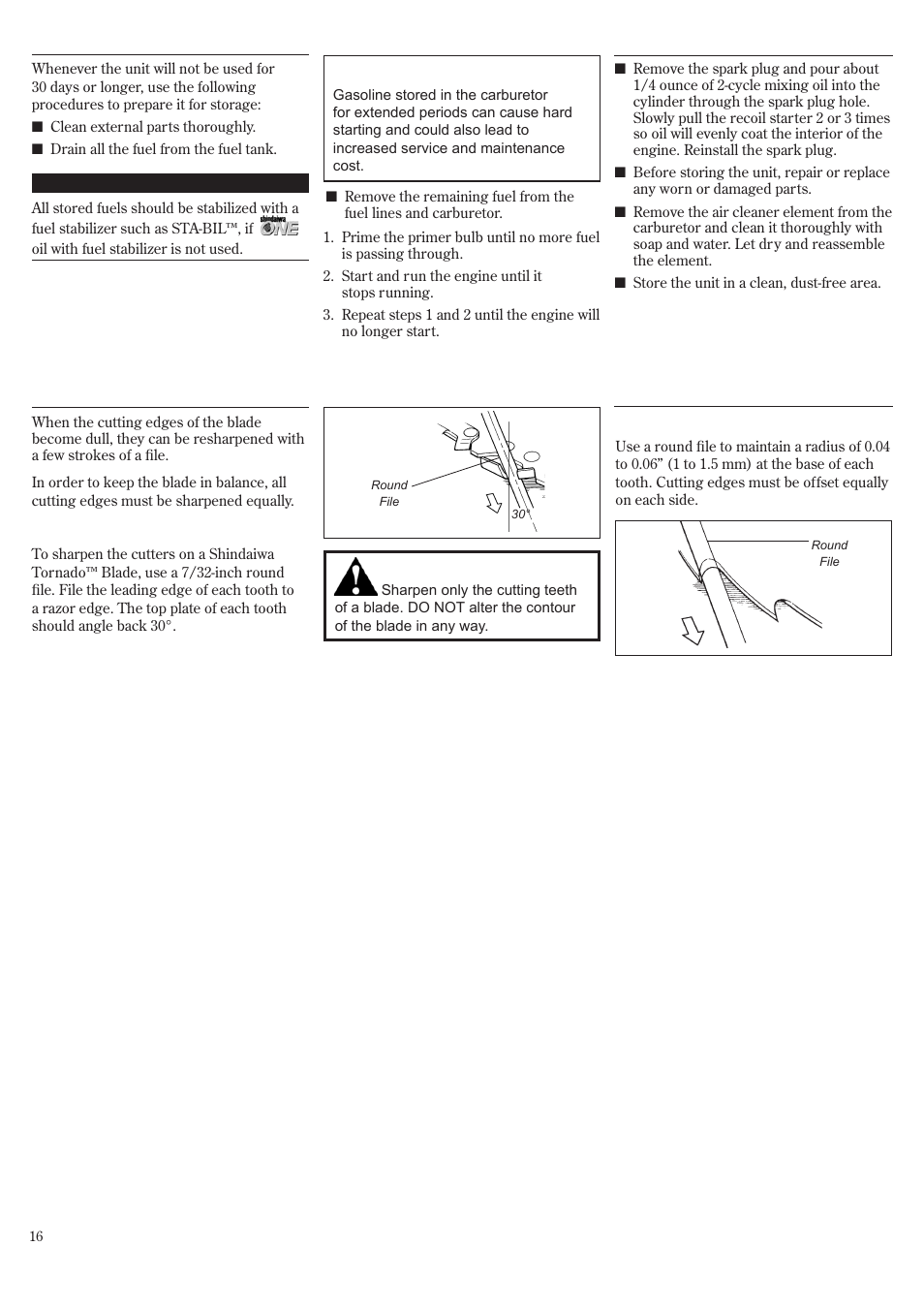 Long term storage, Blade sharpening | Shindaiwa T242/EVC User Manual | Page 16 / 60