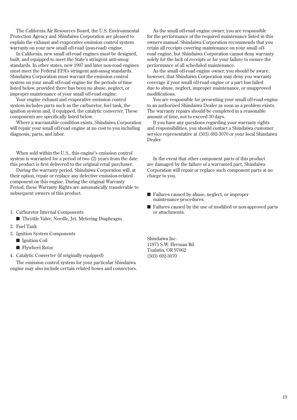 Emission system warranty statement | Shindaiwa T242/EVC User Manual | Page 19 / 60