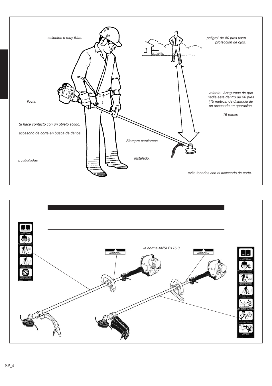 Etiquetas de seguridad, Esté alerta del area de trabajo, 50 píes | Shindaiwa T242/EVC User Manual | Page 24 / 60