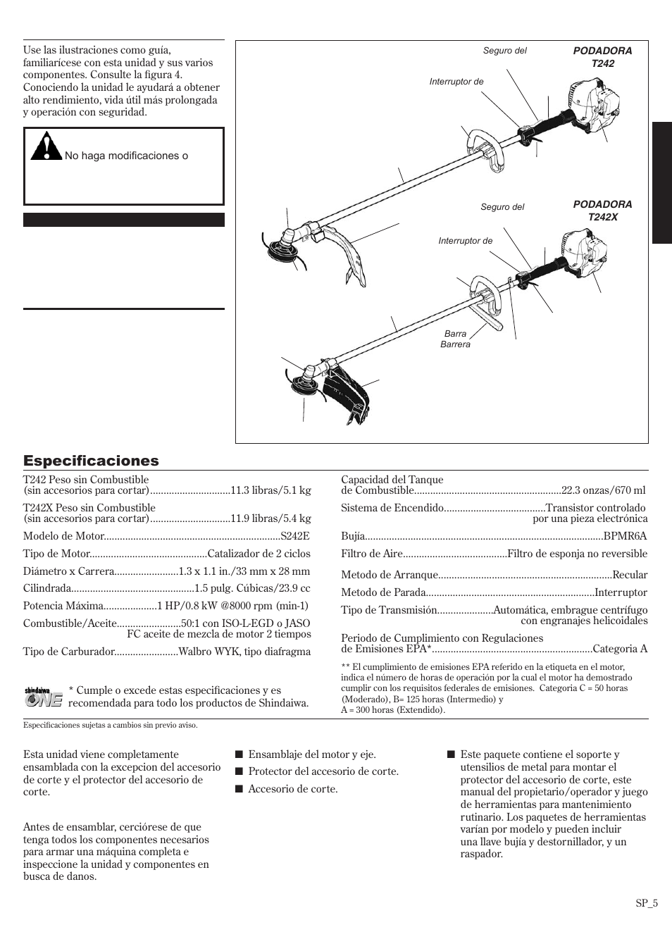 Descripción del producto, Especificaciones | Shindaiwa T242/EVC User Manual | Page 25 / 60
