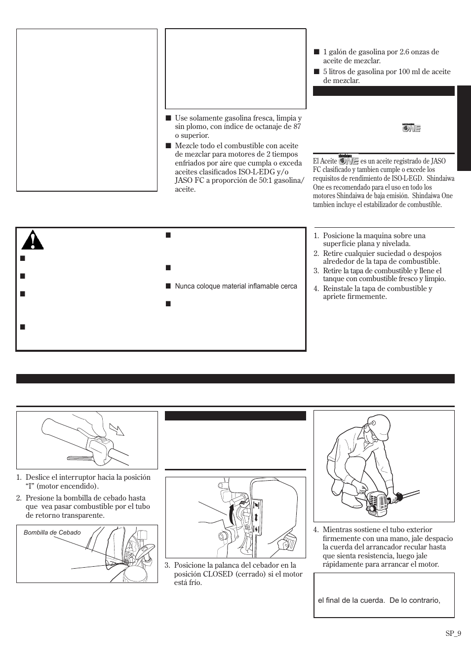 Arranque del motor, Mezcla de combustible, Llenando el tanque de combustible | Shindaiwa T242/EVC User Manual | Page 29 / 60