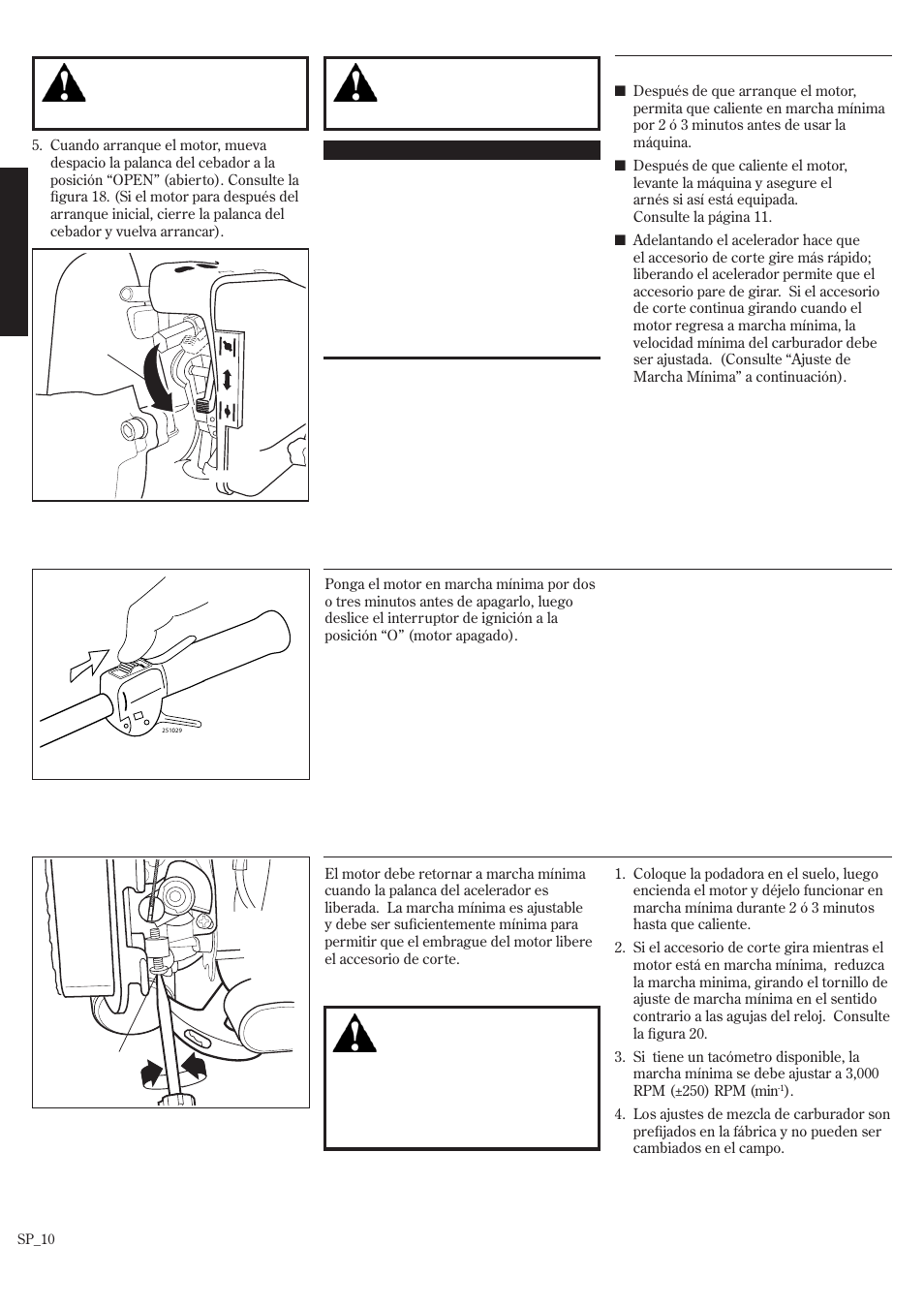 Arranque del motor (continuación), Parada del motor ajuste de marcha mínima del motor | Shindaiwa T242/EVC User Manual | Page 30 / 60