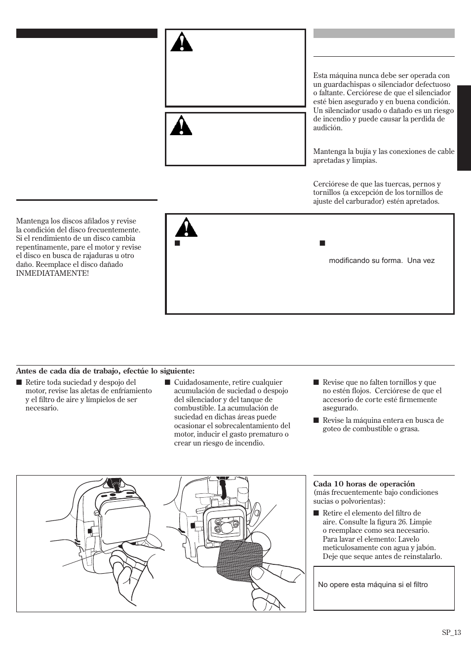 Mantenimiento general, Mantenimiento diario, Mantenimiento cada 10 horas | Shindaiwa T242/EVC User Manual | Page 33 / 60
