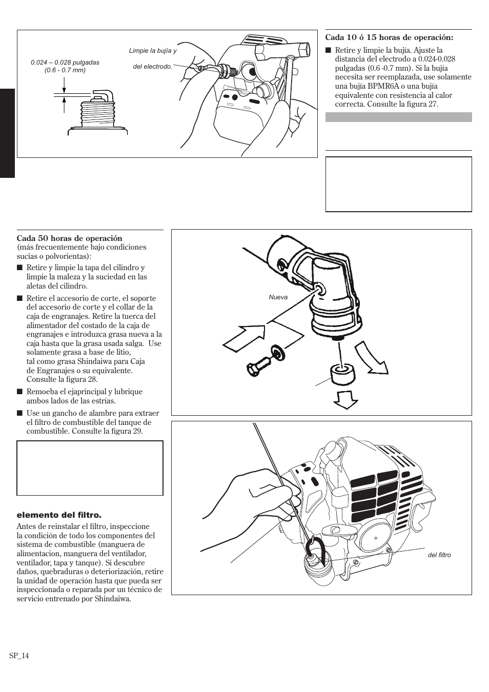 Mantenimiento cada 50 horas, Mantenimiento cada 10/15 horas | Shindaiwa T242/EVC User Manual | Page 34 / 60