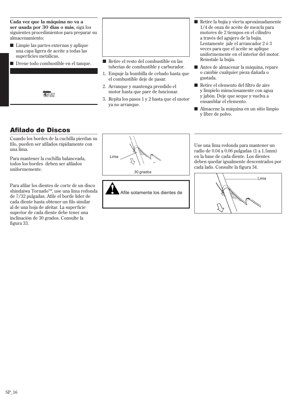 Almacenamiento de largo plazo, Afilado de discos | Shindaiwa T242/EVC User Manual | Page 36 / 60