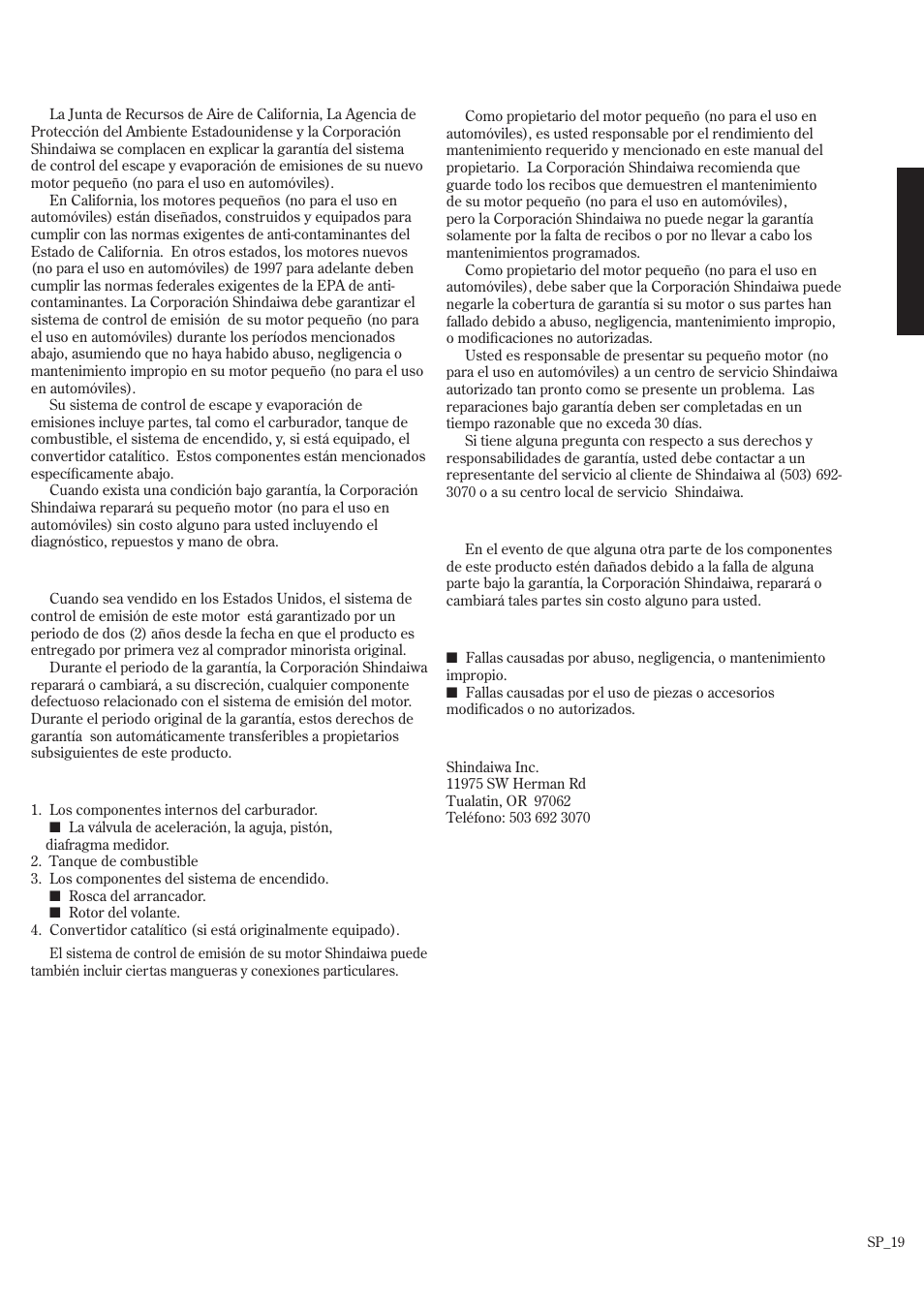 Declaración de garantía del sistema de emisión | Shindaiwa T242/EVC User Manual | Page 39 / 60