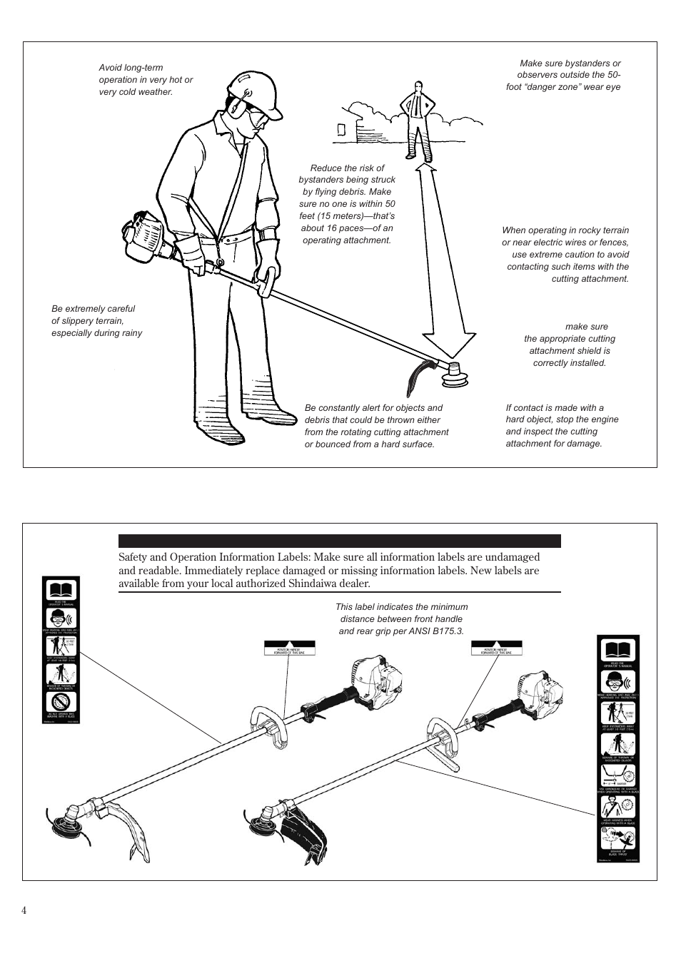 Be aware of the working environment, 50 feet safety labels | Shindaiwa T242/EVC User Manual | Page 4 / 60