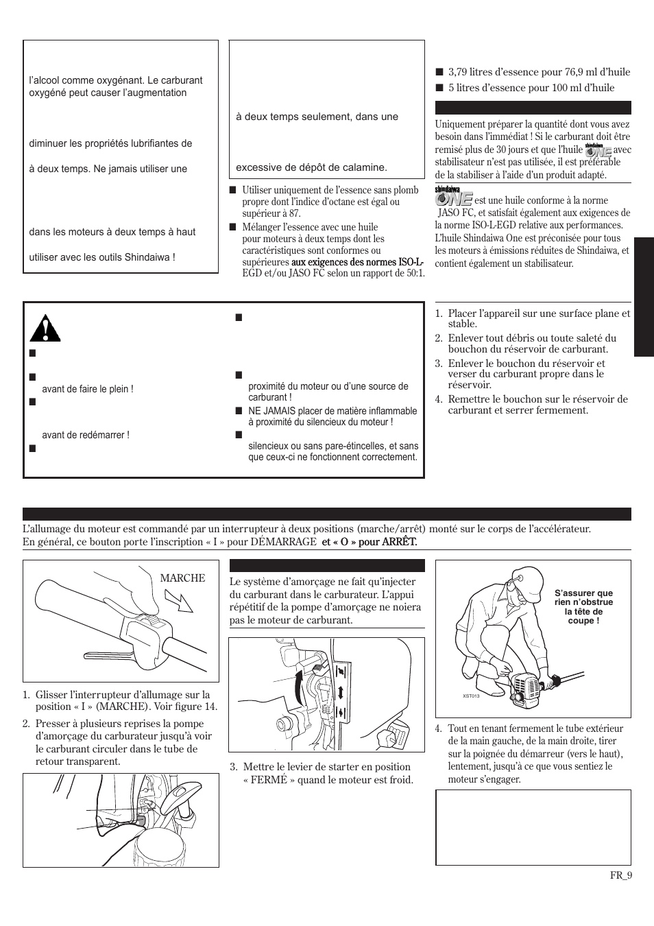 Démarrage du moteur, Mélange de carburant, Remplissage du réservoir à carburant | Shindaiwa T242/EVC User Manual | Page 49 / 60