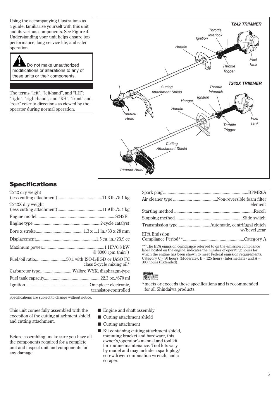 Product description, Specifications | Shindaiwa T242/EVC User Manual | Page 5 / 60