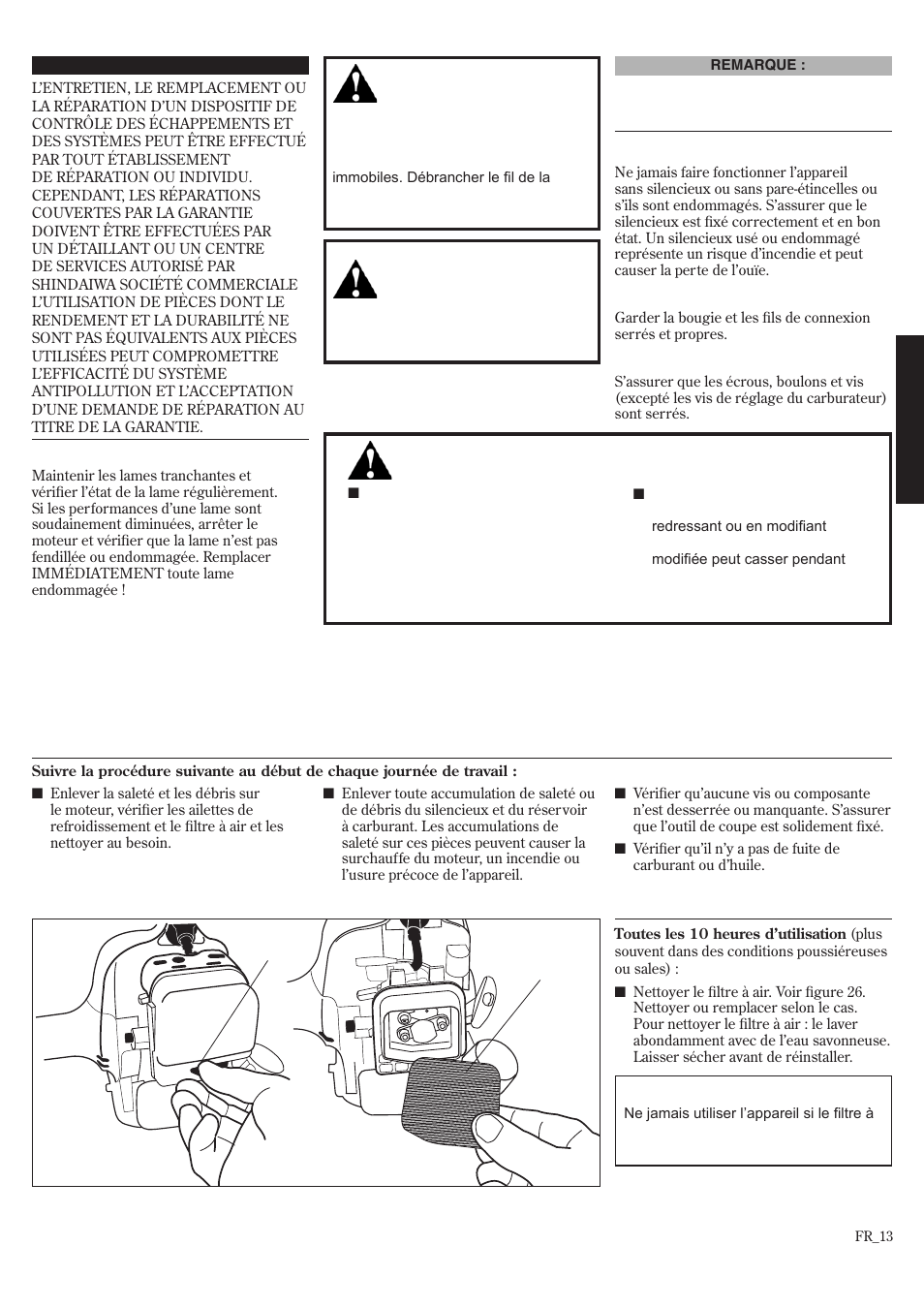 Entretien, Entretien quotidien, Entretien aux 10 heures | Shindaiwa T242/EVC User Manual | Page 53 / 60