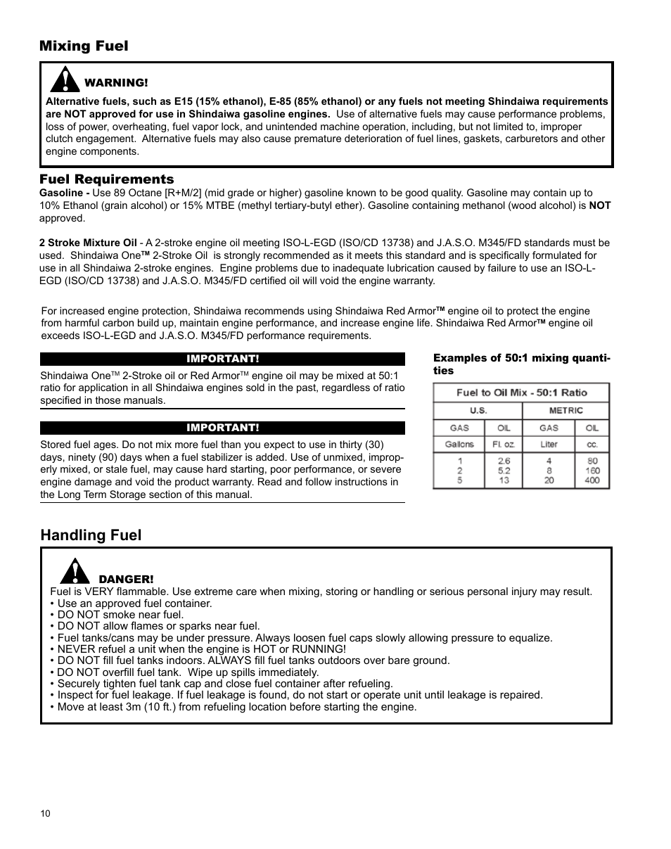 Handling fuel, Mixing fuel, Fuel requirements | Shindaiwa Articulated Hedge AH242 User Manual | Page 10 / 28