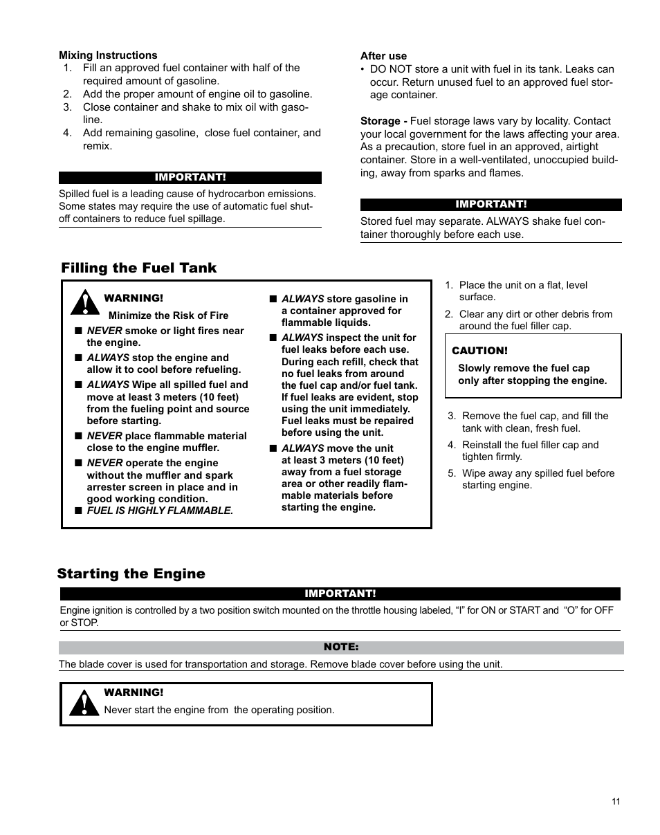 Filling the fuel tank, Starting the engine | Shindaiwa Articulated Hedge AH242 User Manual | Page 11 / 28