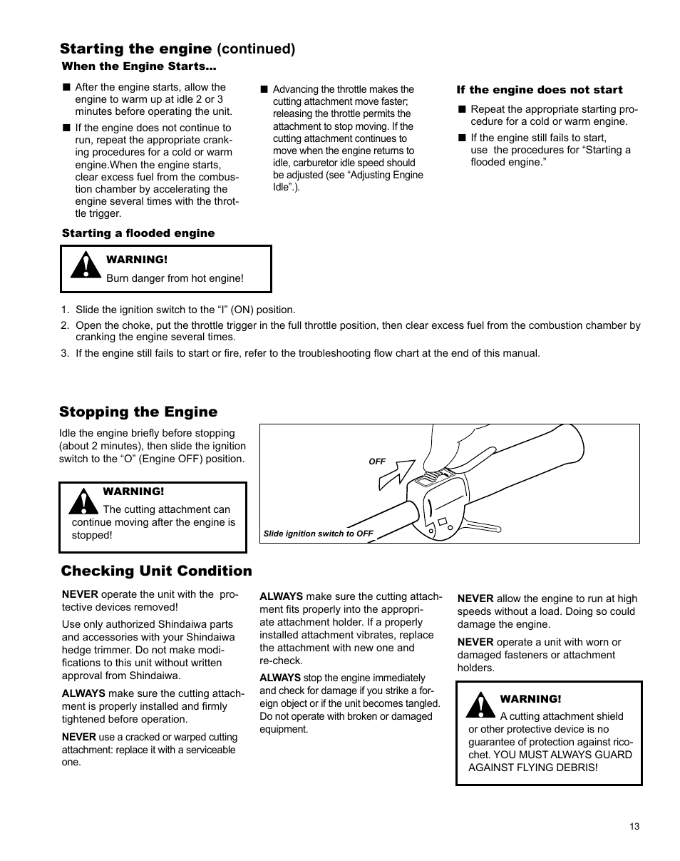 Stopping the engine checking unit condition, Starting the engine (continued) | Shindaiwa Articulated Hedge AH242 User Manual | Page 13 / 28