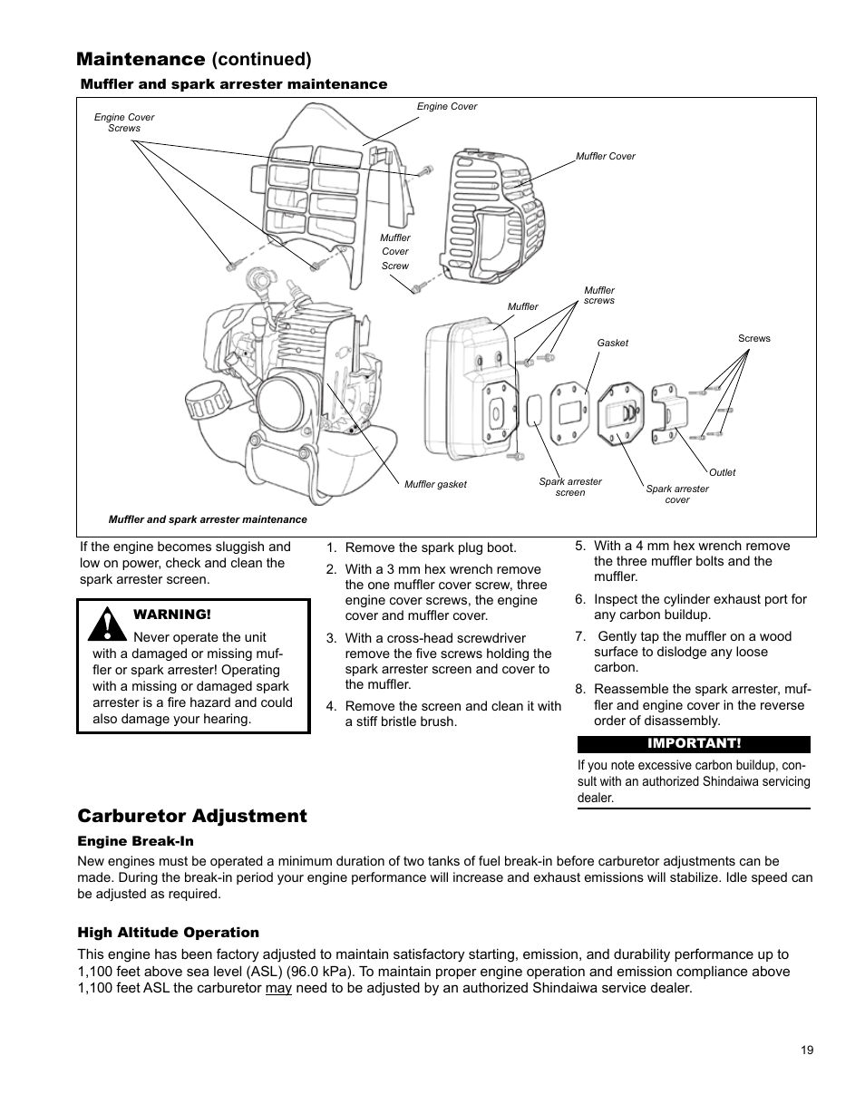 Carburetor adjustment, Maintenance (continued) | Shindaiwa Articulated Hedge AH242 User Manual | Page 19 / 28