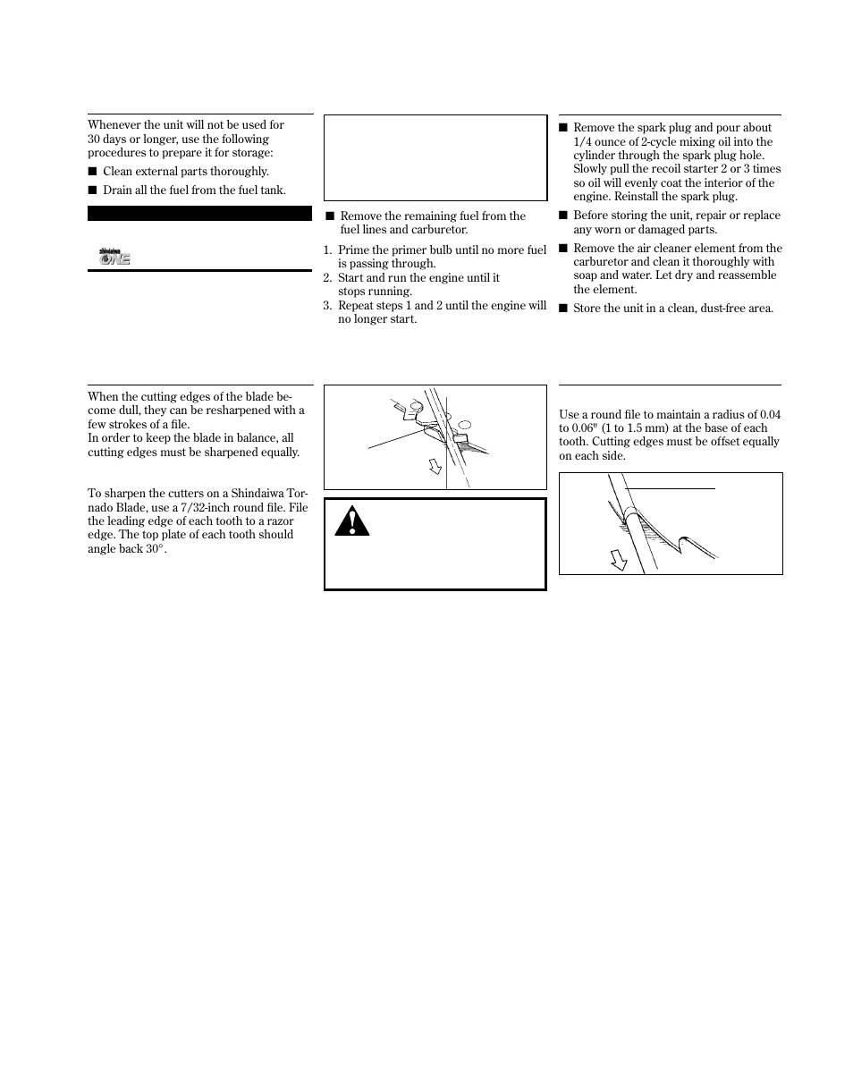 Long term storage, Blade sharpening | Shindaiwa 81714 User Manual | Page 17 / 48