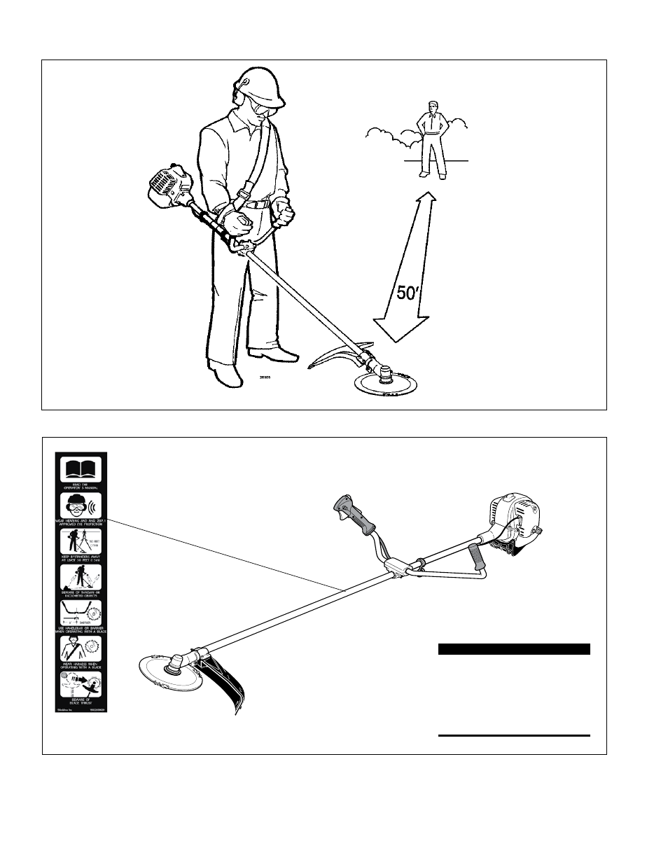 Esté alerta del area de trabajo, 50 píes. etiquetas de seguridad | Shindaiwa 81714 User Manual | Page 28 / 48