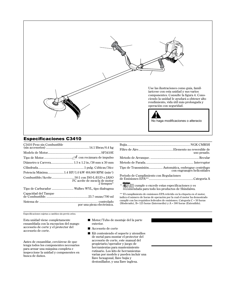 Descripción del producto, Especificaciones c3410 | Shindaiwa 81714 User Manual | Page 29 / 48